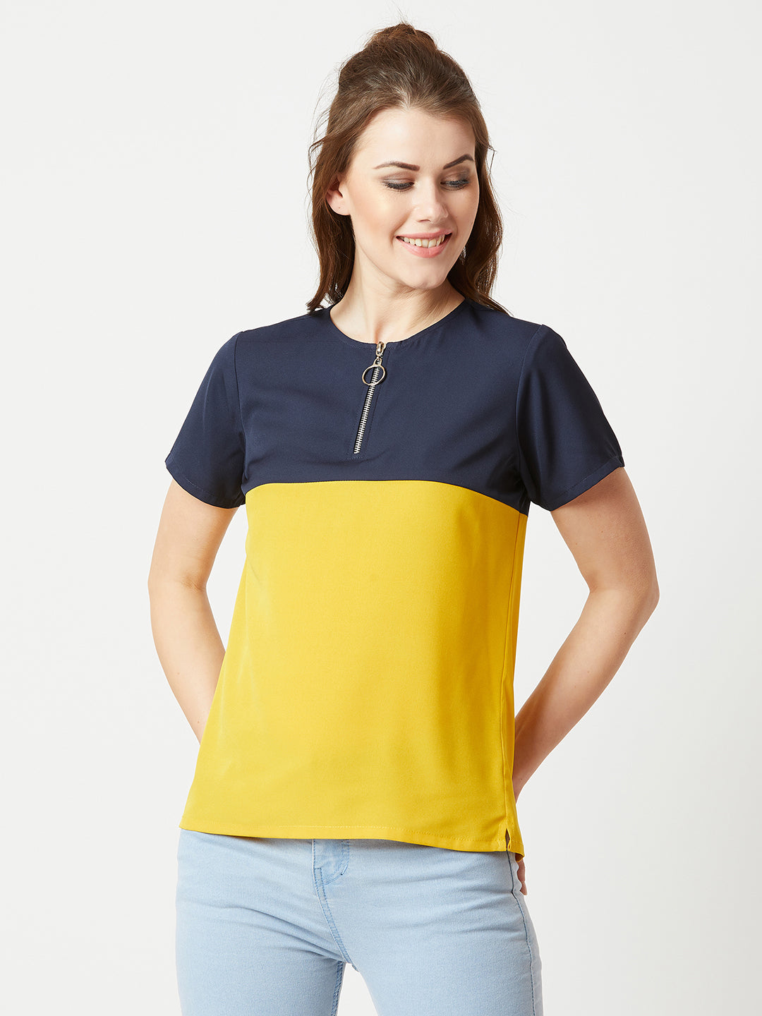 Women's Multicolored With A Navy Blue Base Round Neck Short Sleeve Solid Boxy Zip Detailing Color block Regular Length Top