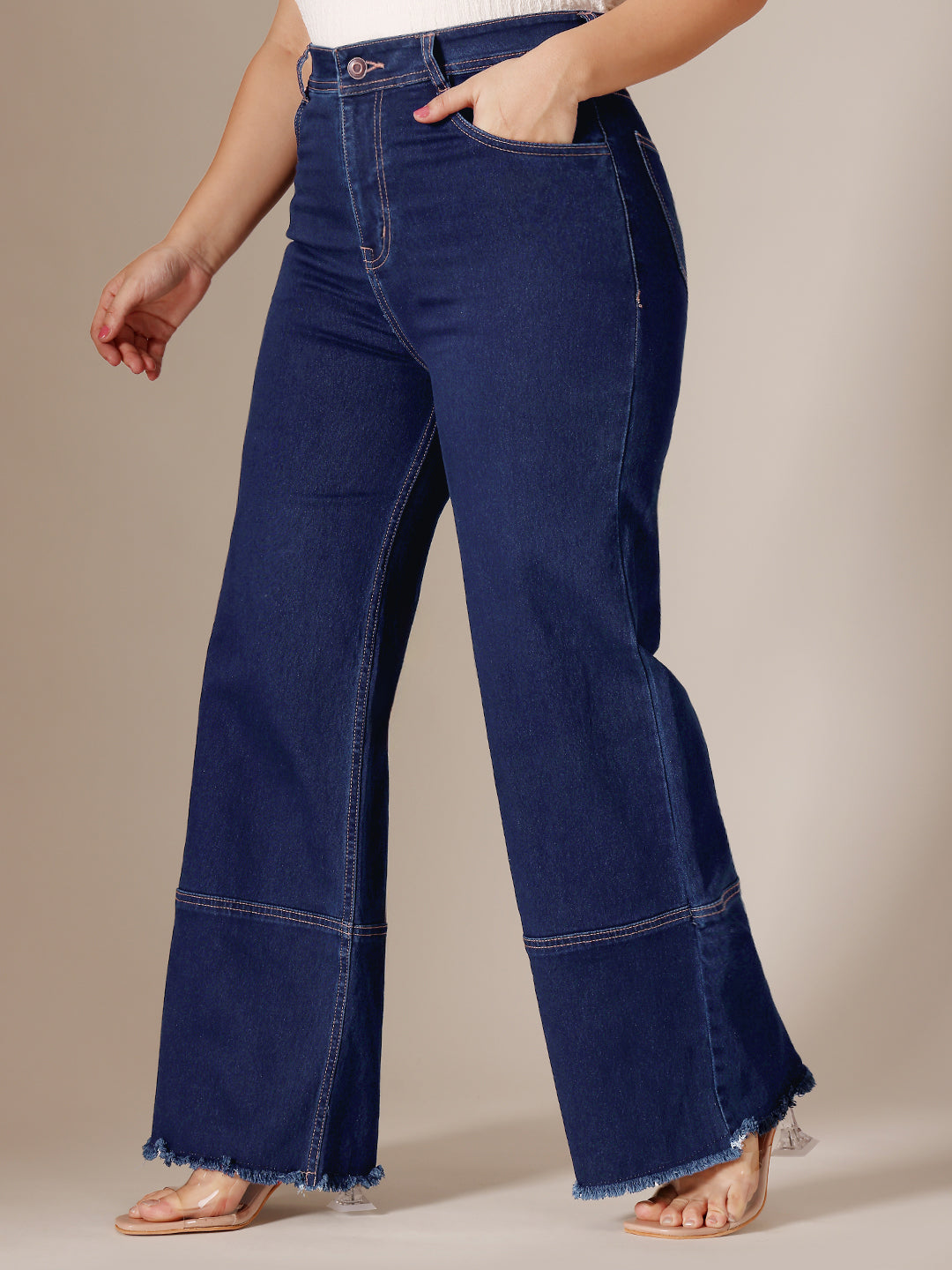 24/7 Comfort Navy Blue Wide Leg High Rise Clean Look Regular-Length Stretchable Denim Jeans for Women