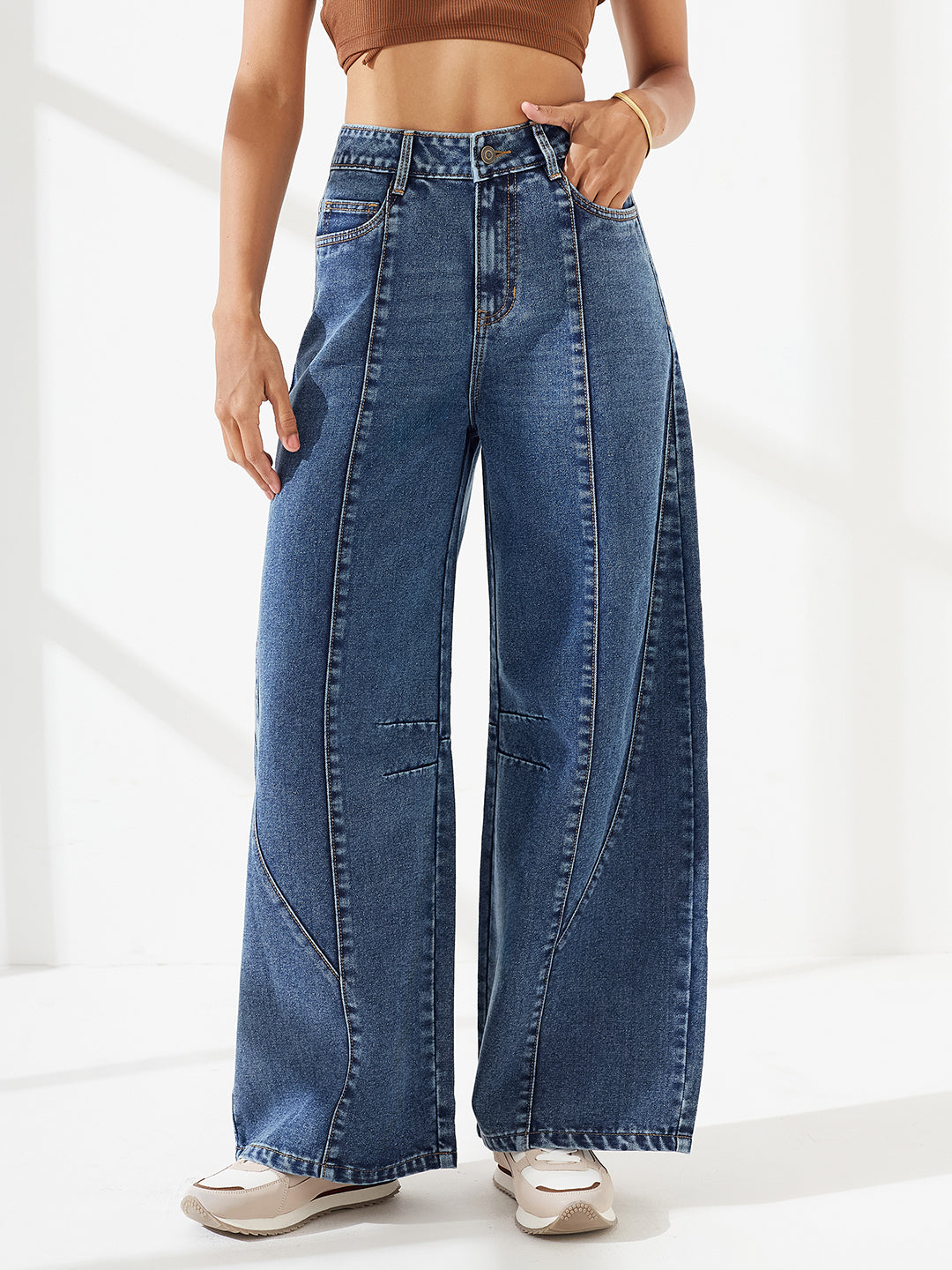 Blue Barrel Fit High-Rise Heavy Wash Whiskered Panelled Denim Jeans For Women