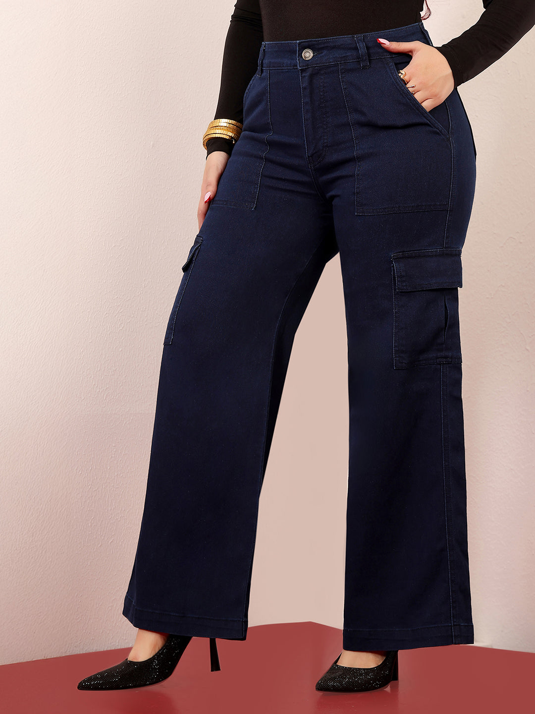 Women's Navy Blue Wide-Leg High-Rise Clean-Look Stretchable Cargo Denim Jeans