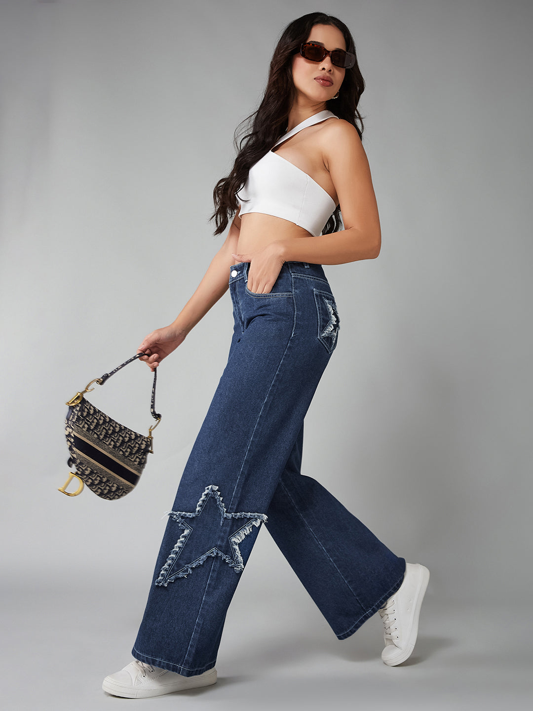Women's Navy Blue High-Rise Mildly-Distressed Regular-Length Stretchable Denim Wide-leg Jeans