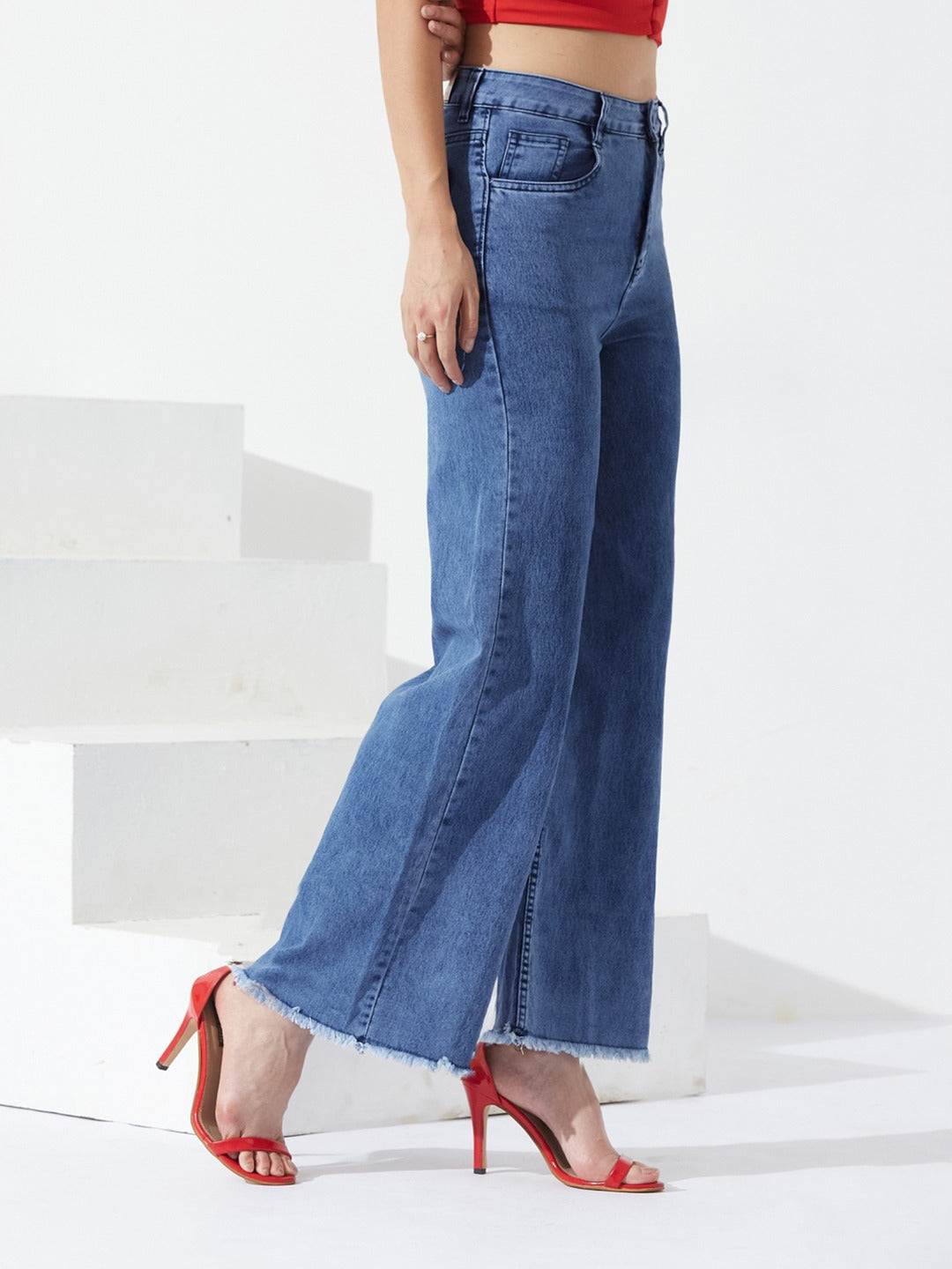 Mid-Blue Wide-Leg high-rise Stretchable Denim Jeans for Women