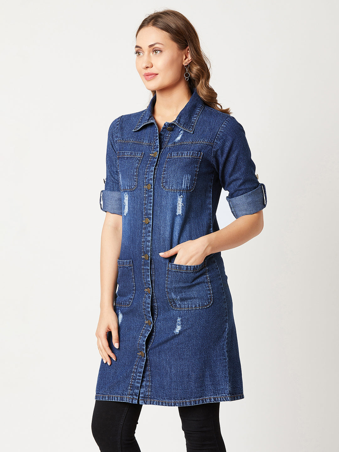 Women's Navy Blue Solid Polo Neck Full Sleeves Patch Pocket Denim Overcoat Knee-Length Jacket