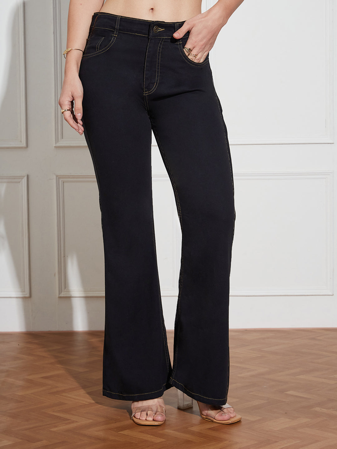 Women's Black Bootcut High-Rise Clean-Look Regular-Length Stretchable Denim Jeans