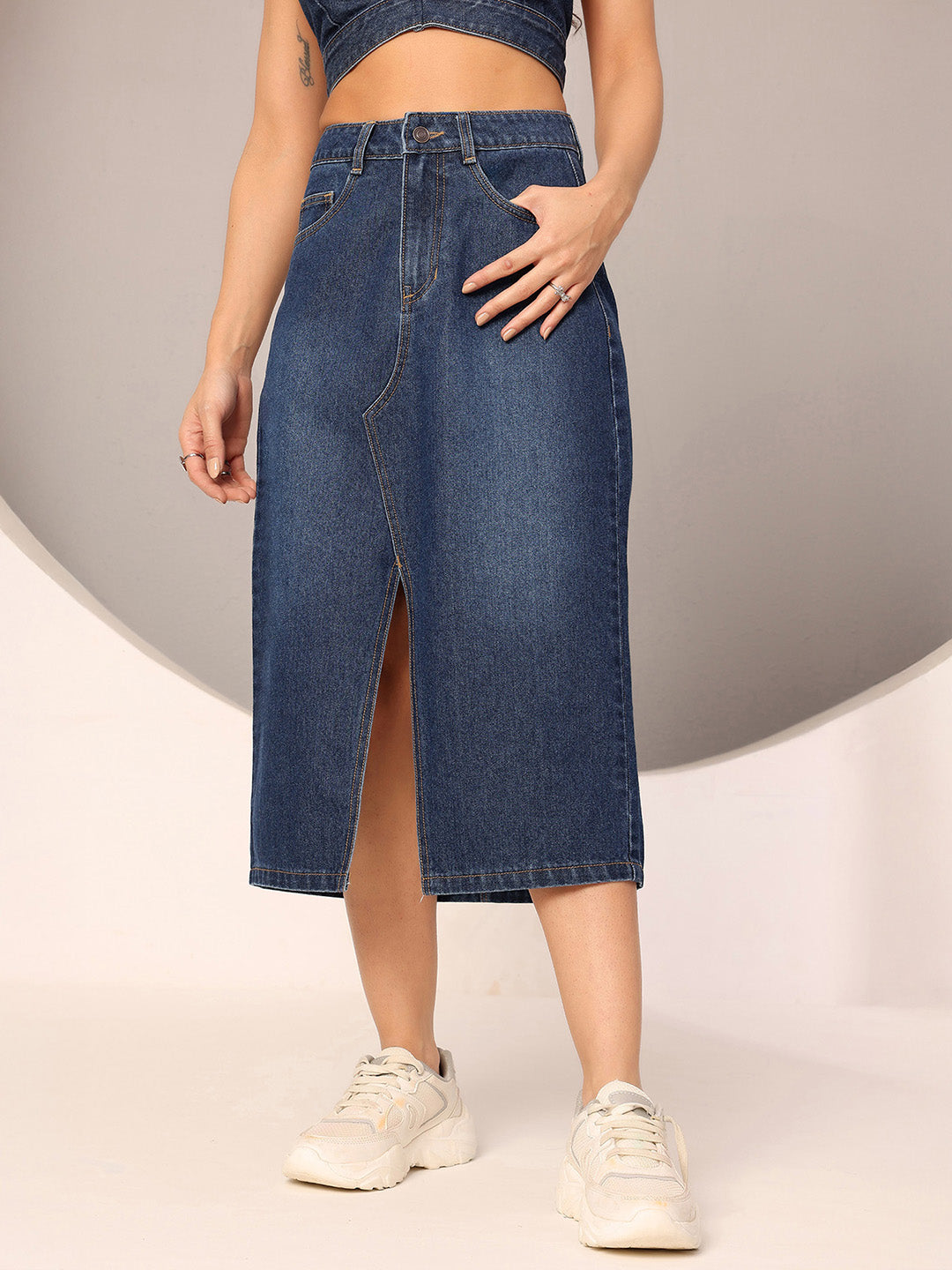 Dark Blue A-Line High-Rise Clean-Look Non-stretchable Denim Midi Skirt for Women