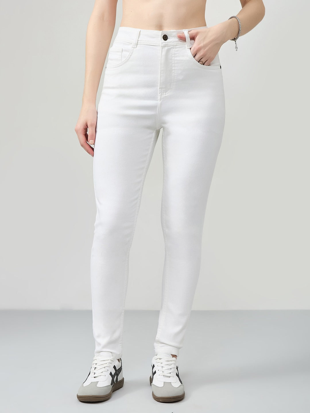 White Skinny Mid Rise Bleached Stretchable Denim Jeans for Women