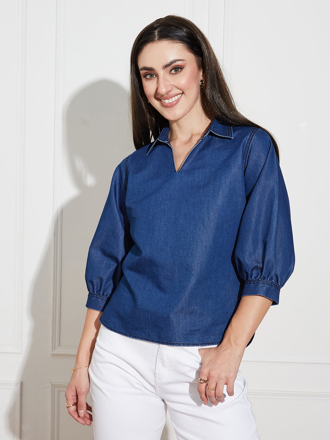 Womens Dark Blue Collar-Neck Puff-Sleeve Solid-Colored Light Weight Denim Tunic Top