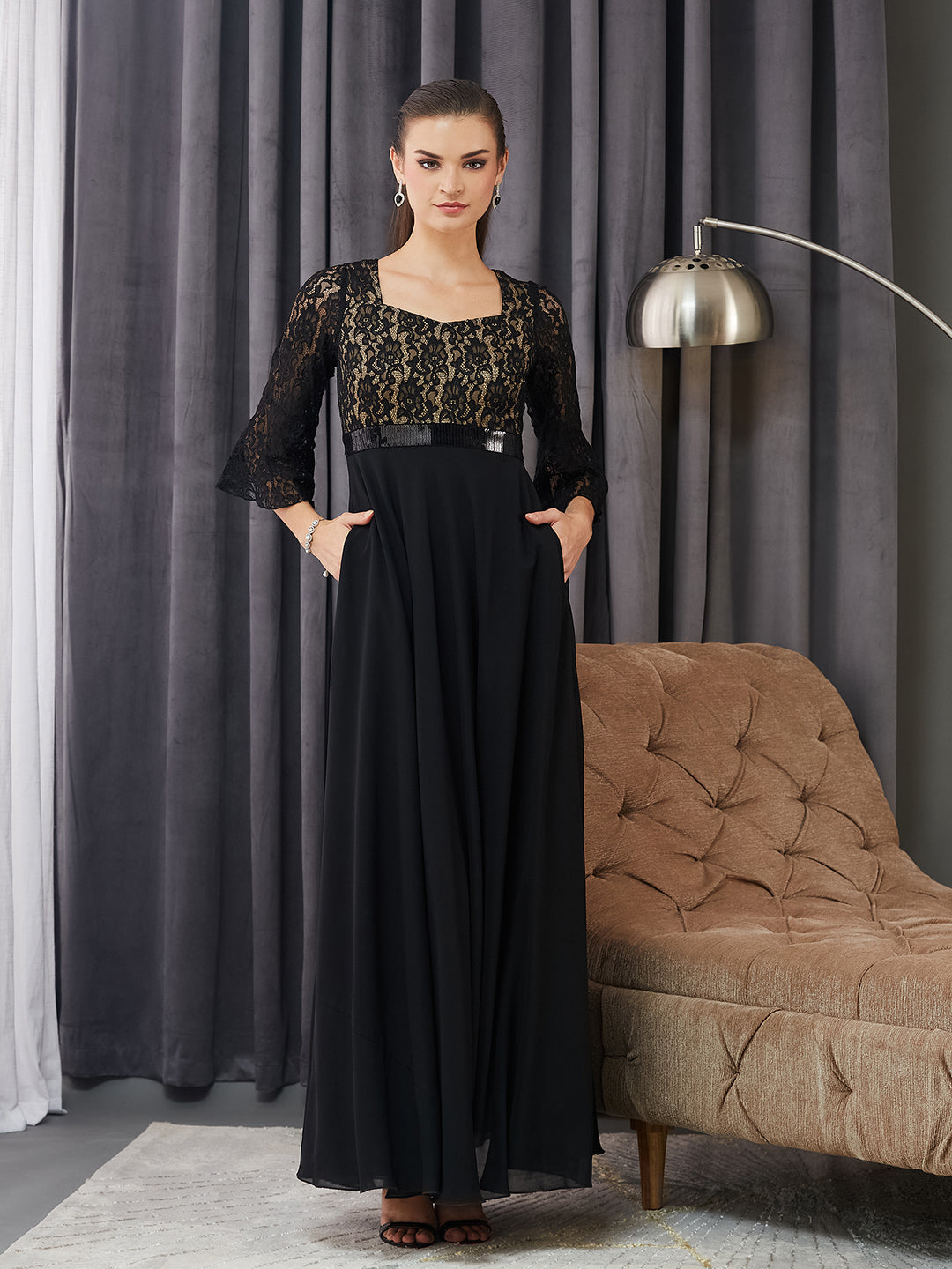 Women's Black Sweetheart-Neck Full Sleeve Floral Lace-Overlaid Georgette Maxi Dress
