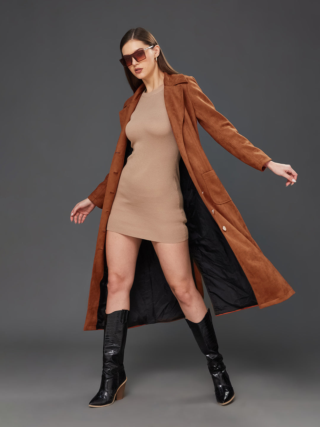 Brown Solid V-Neck Full Sleeves Patched Pocketed Polyester Button Down Longline Winter Wear Jacket for Women