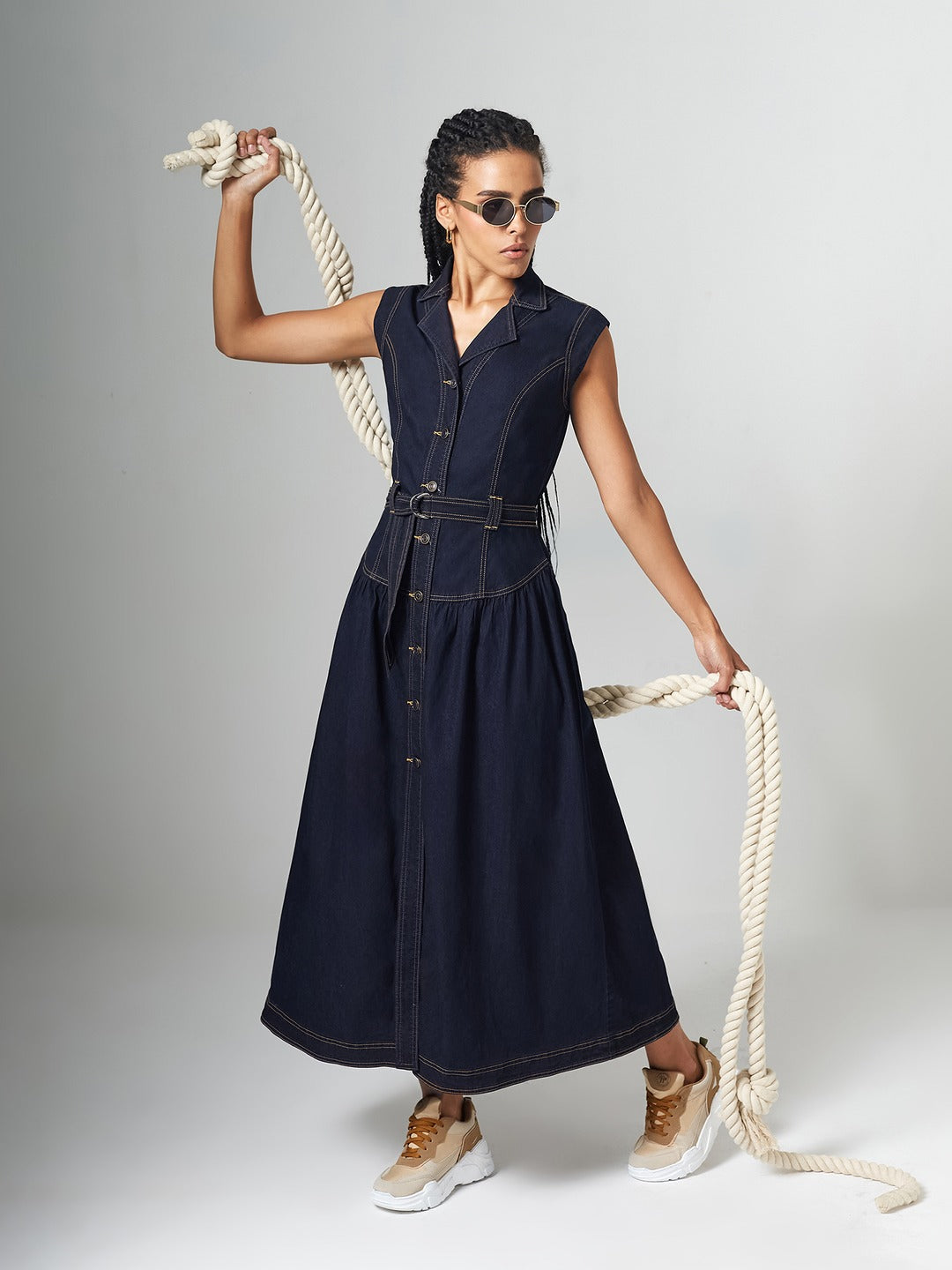 Dark Blue Notched-Collar Sleeveless Solid Drop Waist Maxi-Length Light Weight Denim Shirt Dress for Women