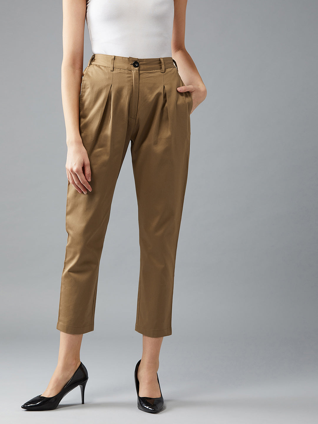Women's Olive Green Solid Pleated Regular Length Pant