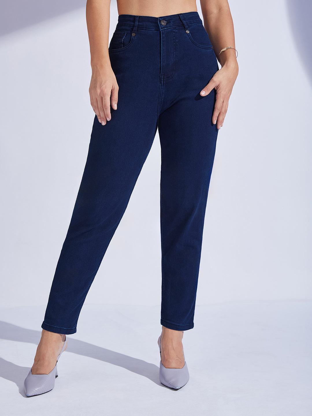 Navy Blue High Rise Clean Look Regular-Length Stretchable Denim Mom Jeans for Women