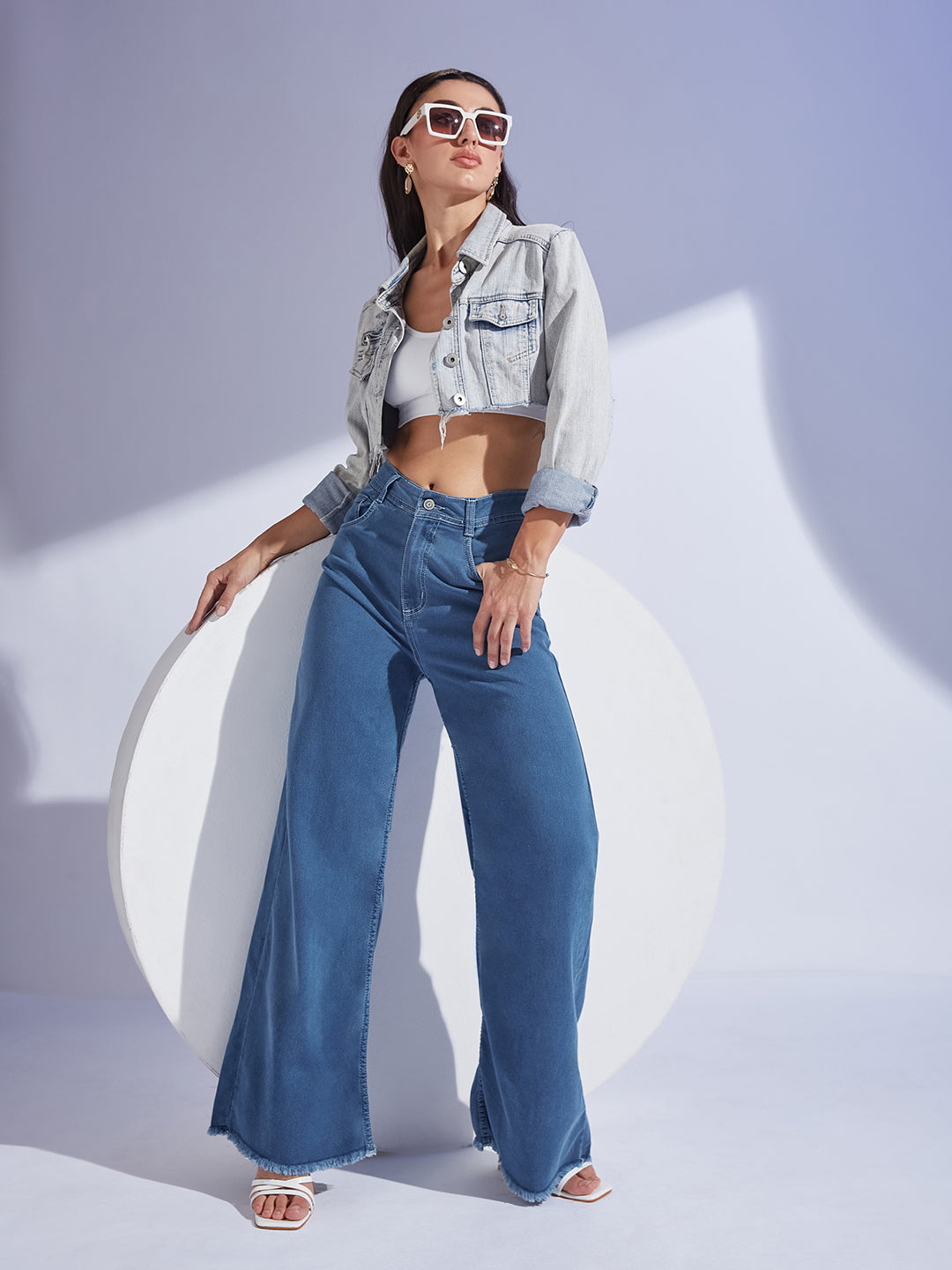 Women's Blue Wide-Leg High-Rise Stretchable Denim Jeans