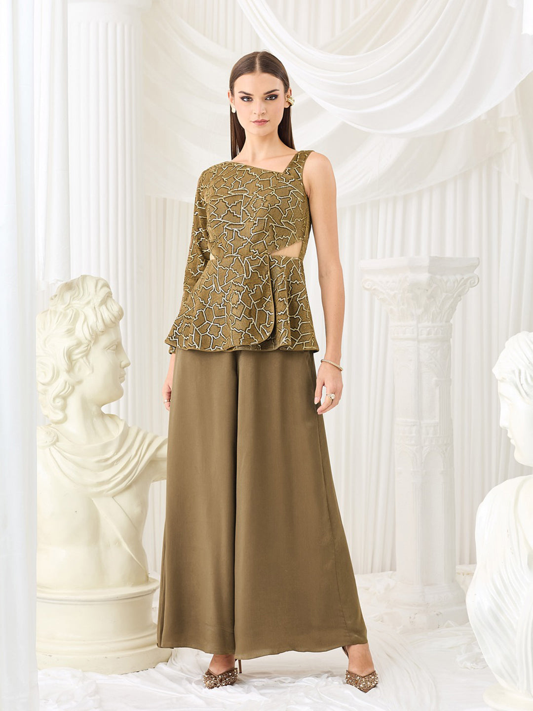 Dark Beige Asymmetric Geometric Peplum Regular Satin Jumpsuit for Women