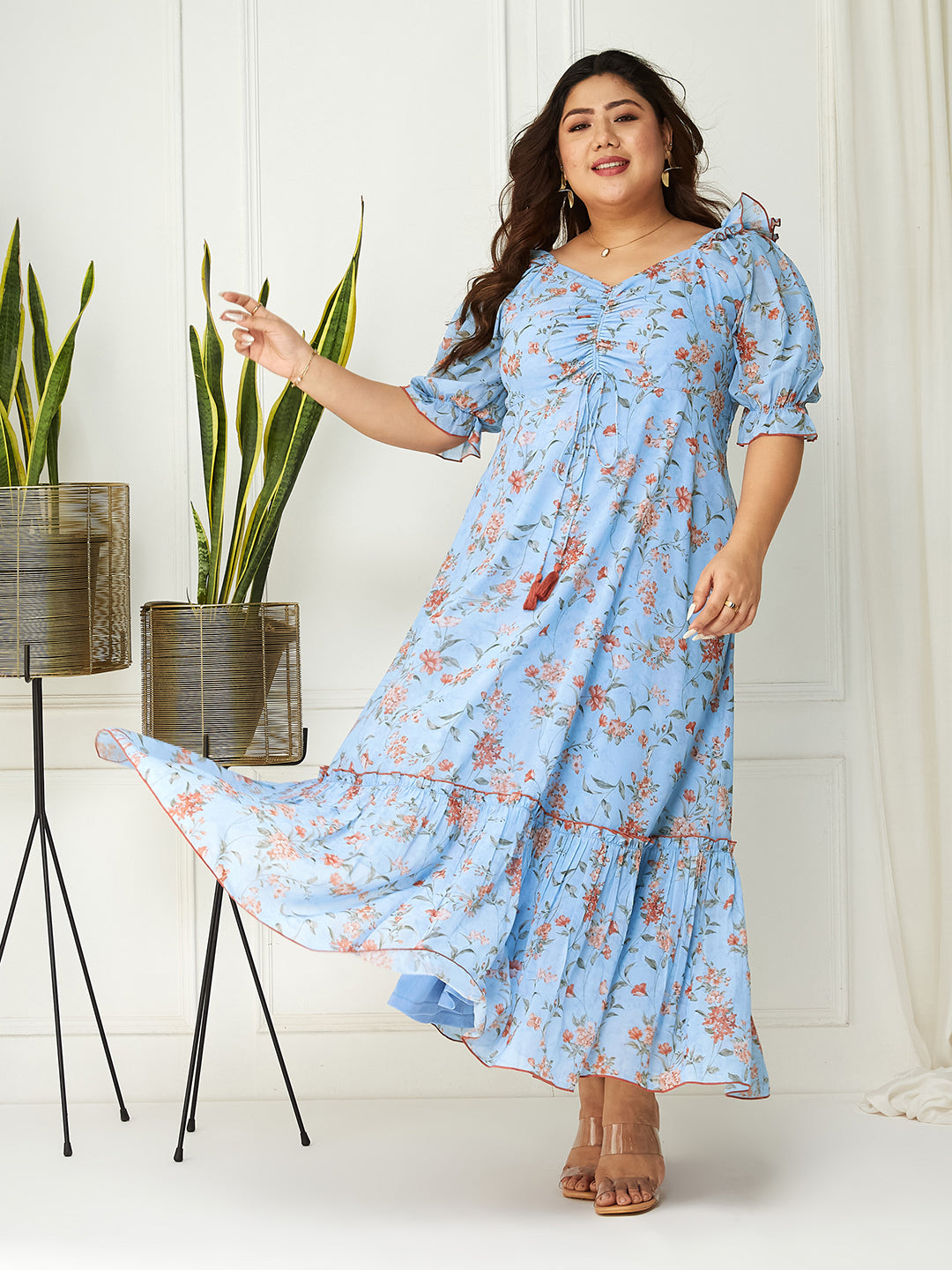 Women's Multicolored-Base-Powder Blue V-Neck Puff Sleeve Floral Ruching Ankle-Length Dress