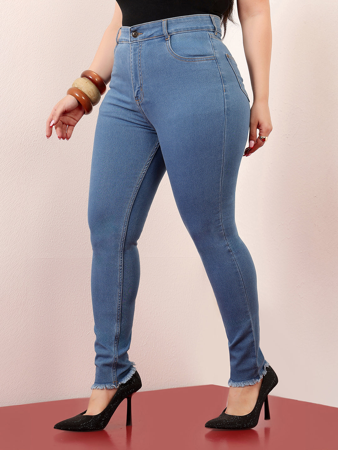 Women's Blue Skinny High-Rise Cropped-Length Fringe Detailing Stretchable Denim Jeans