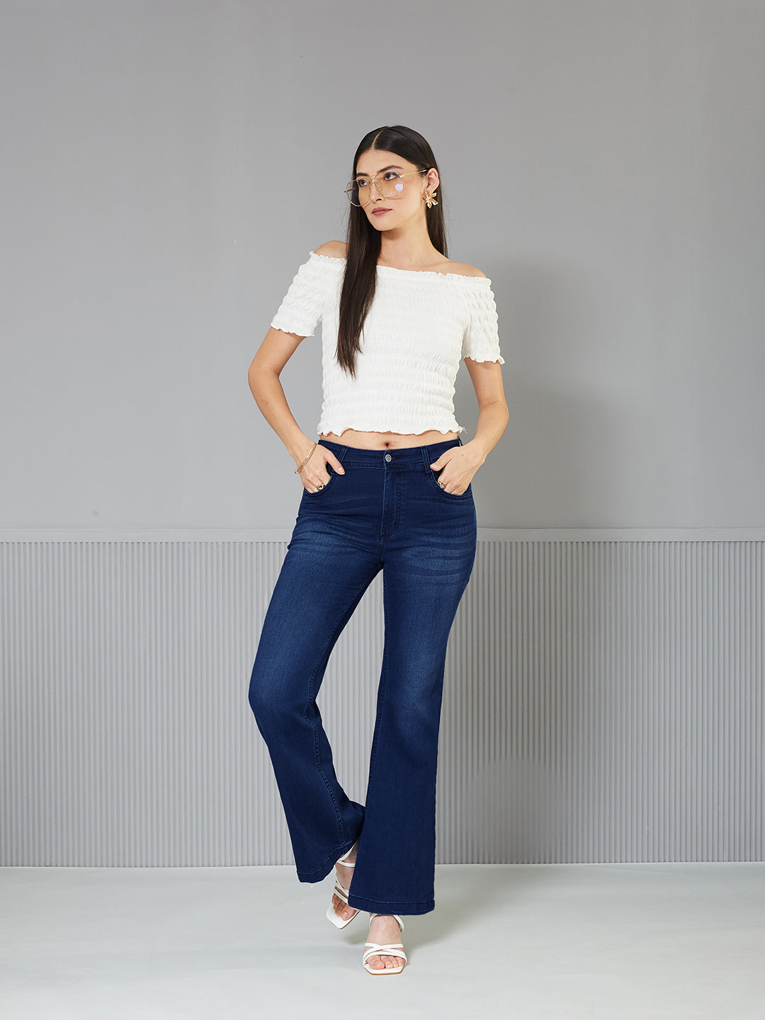 Women's Navy Blue High-Rise Clean-Look Regular-Length Stretchable Bootcut Denim Jeans