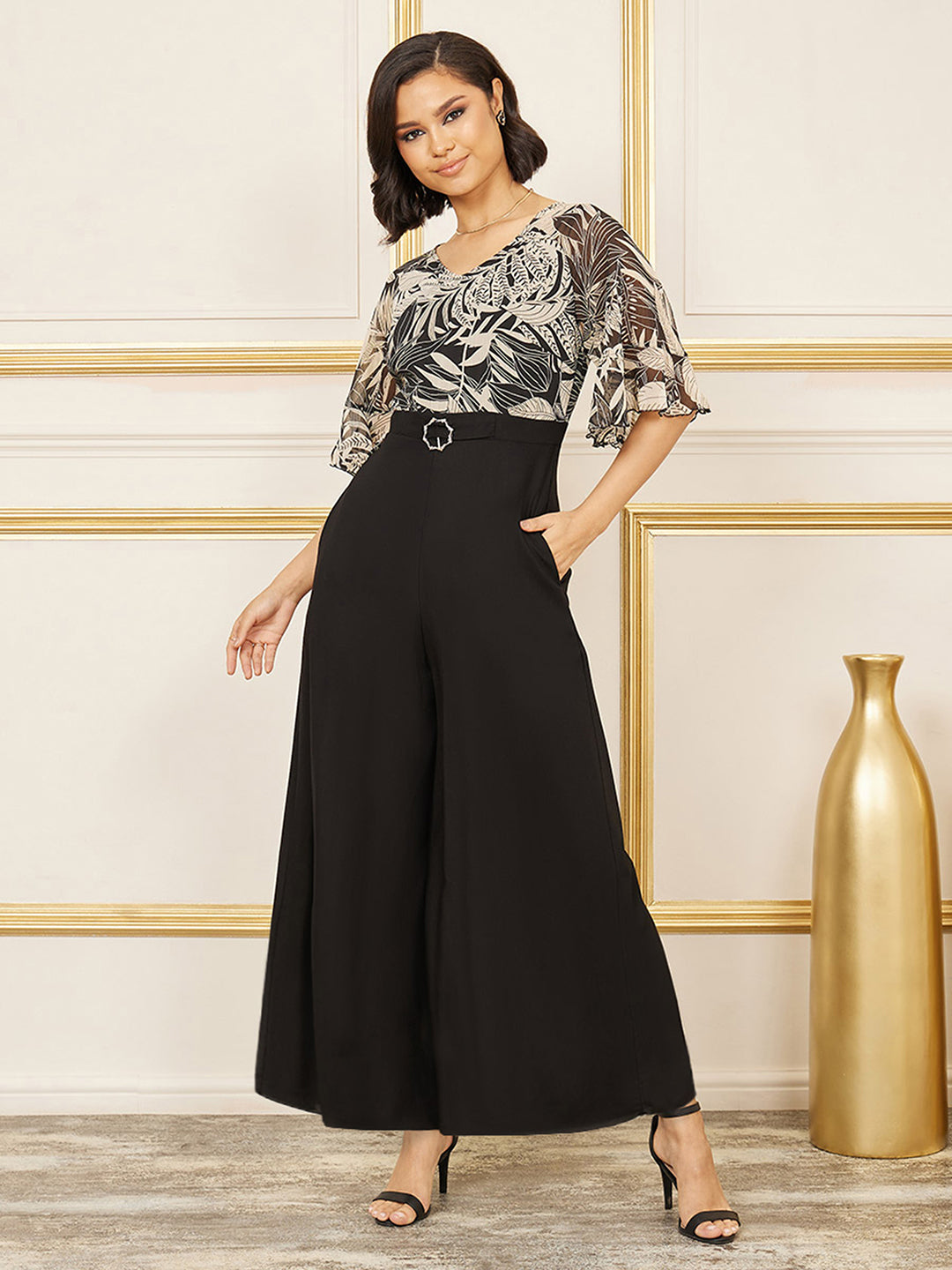 Women's Black V-Neck Ruffled Sleeve Wide Leg Polyester Printed Jumpsuit