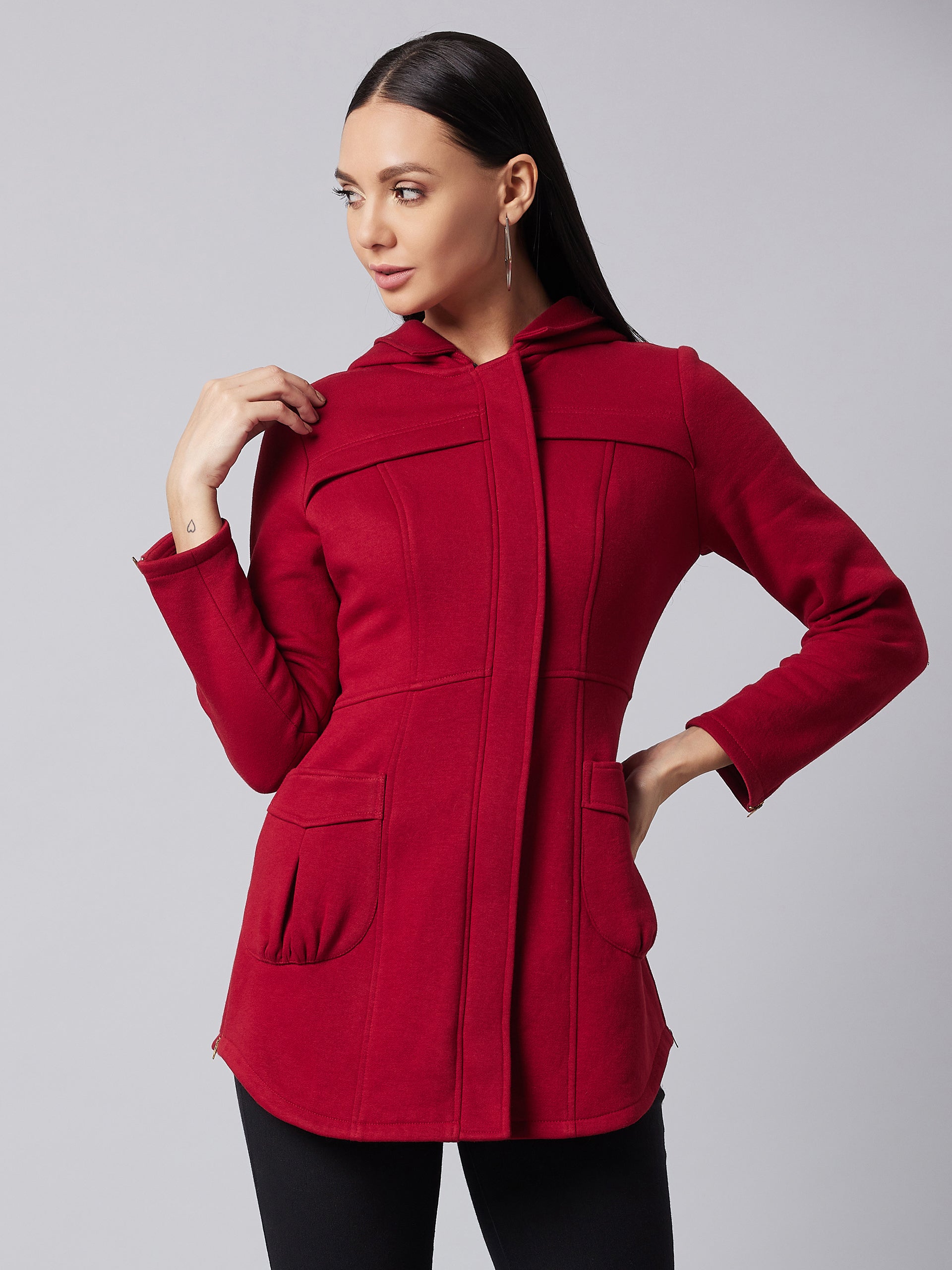 Women's Maroon Hooded Full Sleeve Solid Hooded Longline Jacket