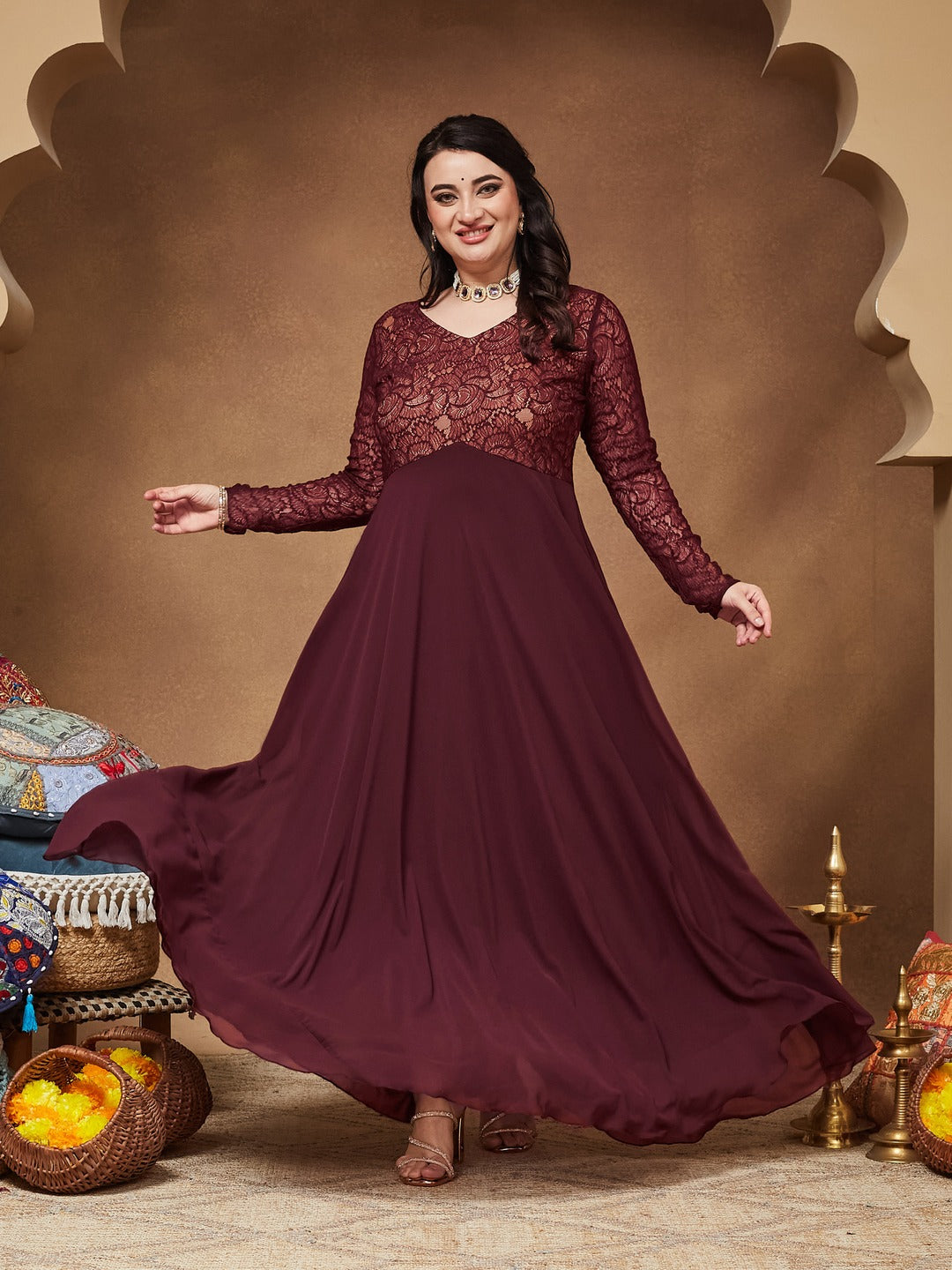 Wine V-Neck Full Sleeve Self Design Lace-Overlaid Georgette Maxi Dress for Women