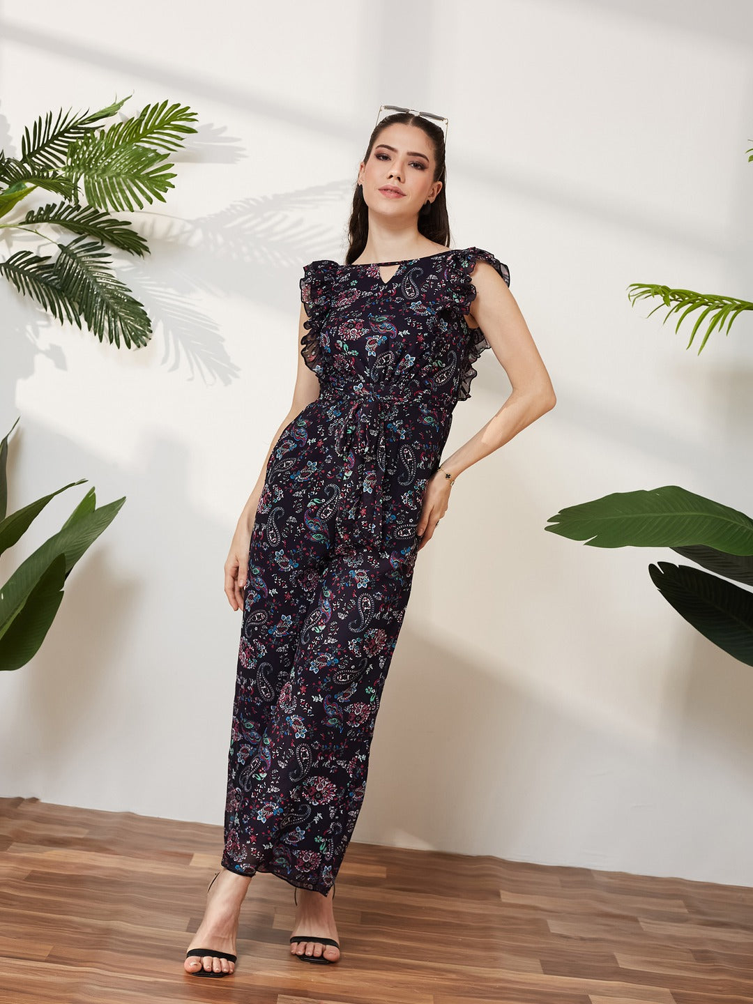 Navy Blue Round Neck Sleeveless Floral Wide Leg Regular Jumpsuit for Women