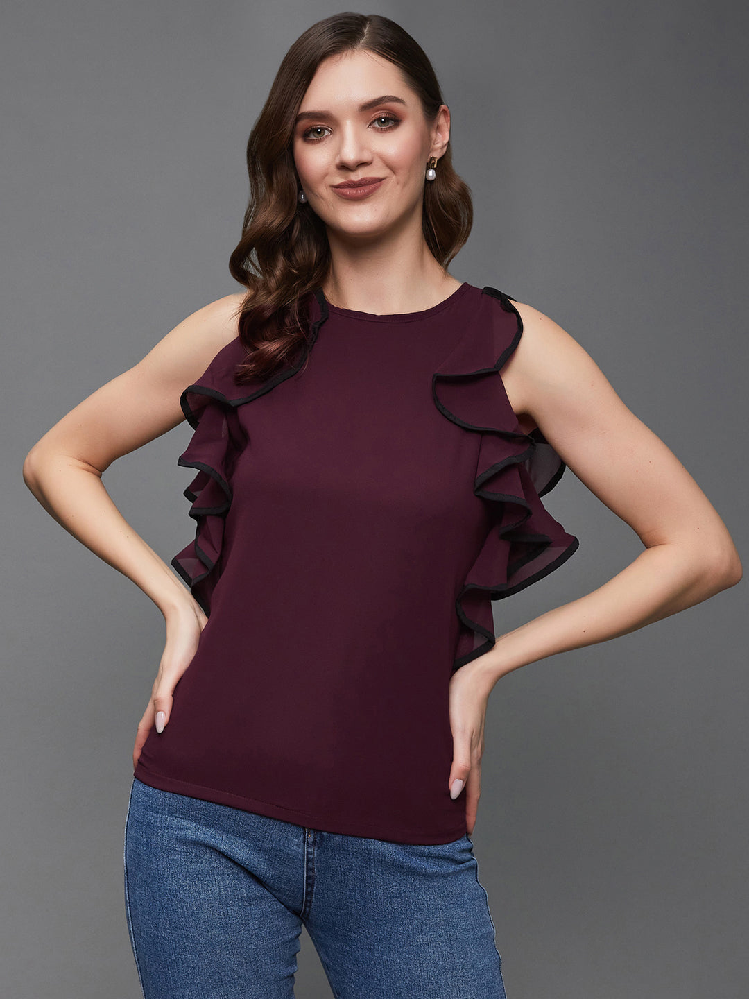 Women's Wine and Black Round Neck Sleeveless Solid Ruffle Regular Top