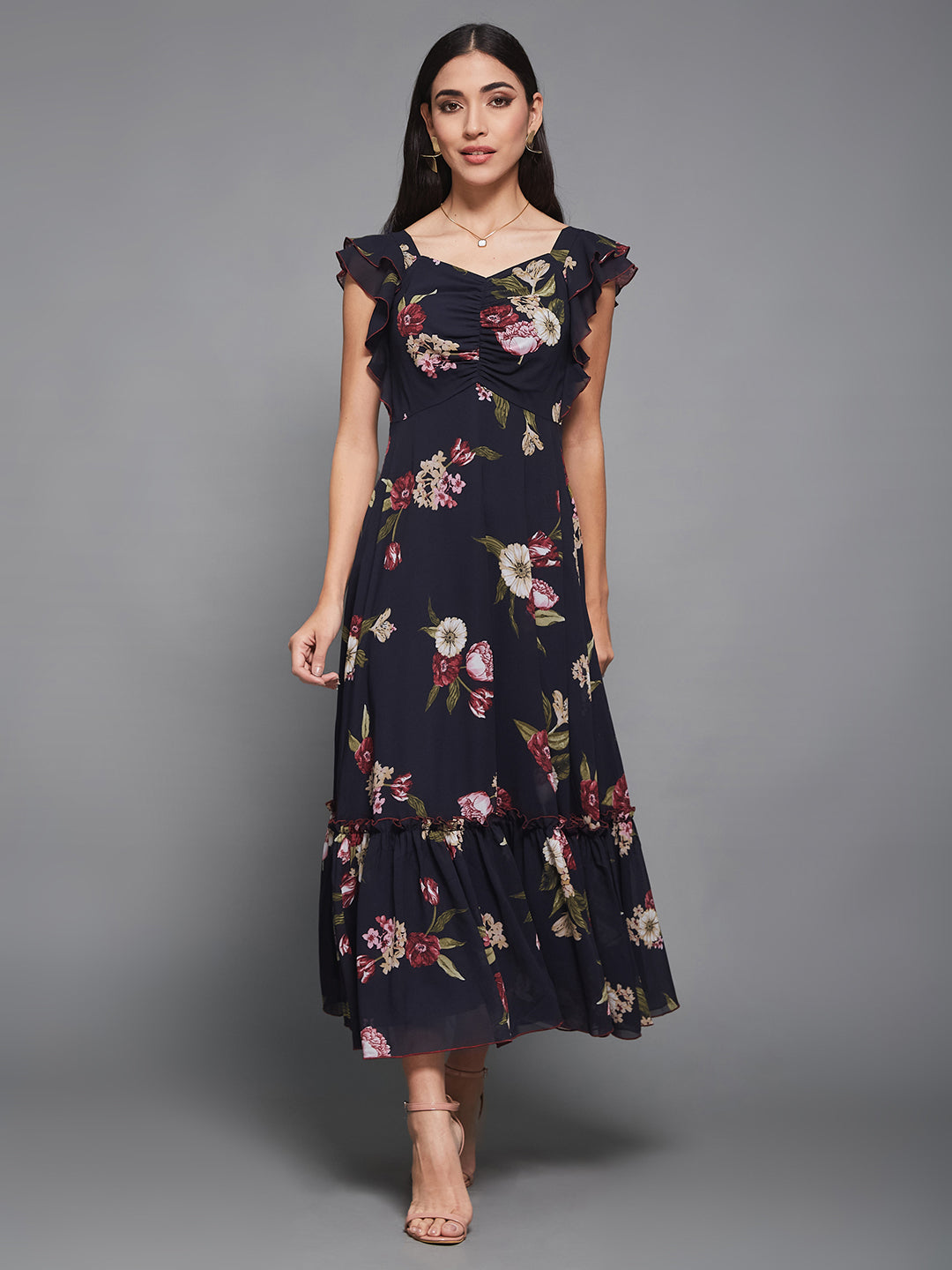 Multicolored Base Navy Blue Georgette Floral Maxi Ruching Dress