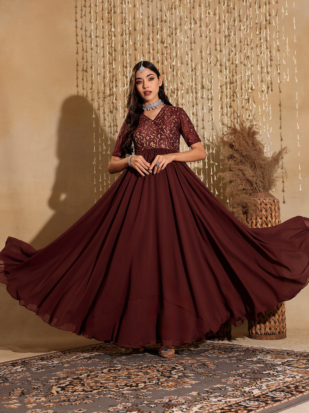 Women's Wine V-Neck Half Sleeve Self Designed Wrap Georgette Maxi Dress