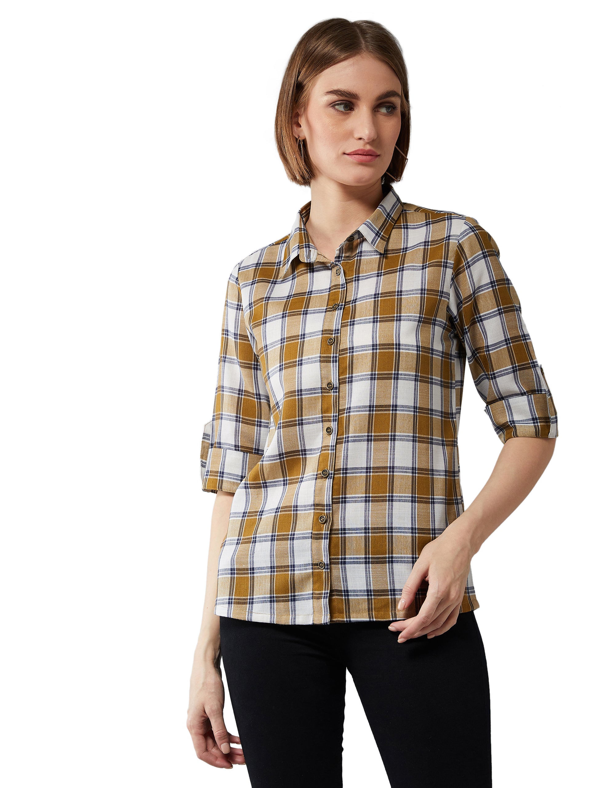 Women's Multicolor-Base White Collared Neck 3/4 Sleeves Checkered Basic Shirt