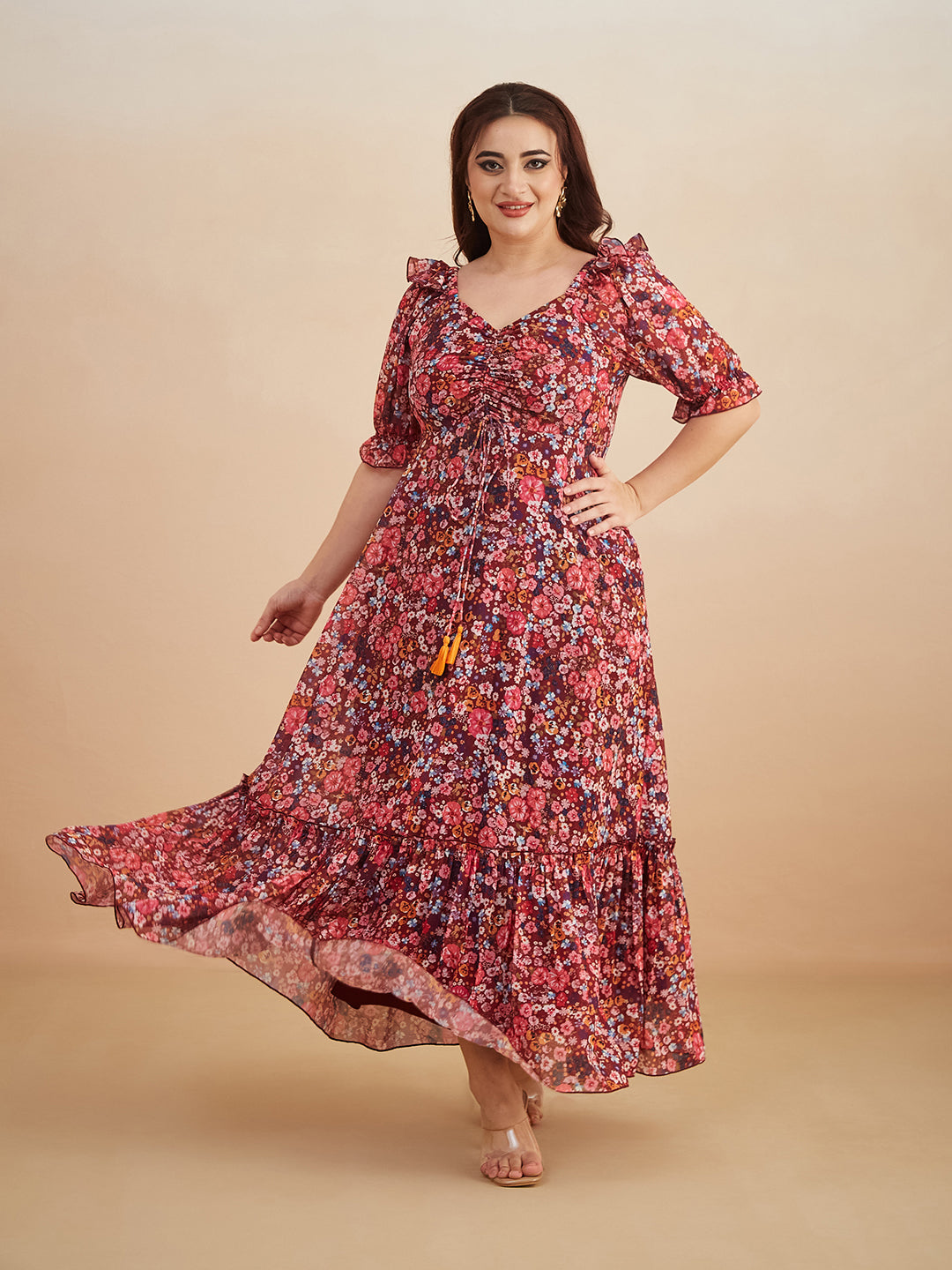 Multicolored-Base-Wine V-Neck Puff Sleeve Floral Ruching Ankle-Length Dress for Women