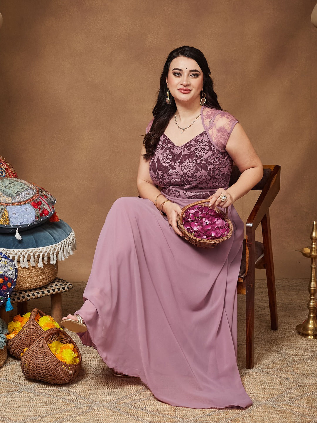Lavender & Wine V-Neck Cap Sleeves Floral Lace Fit & Flare Maxi Dress for Women