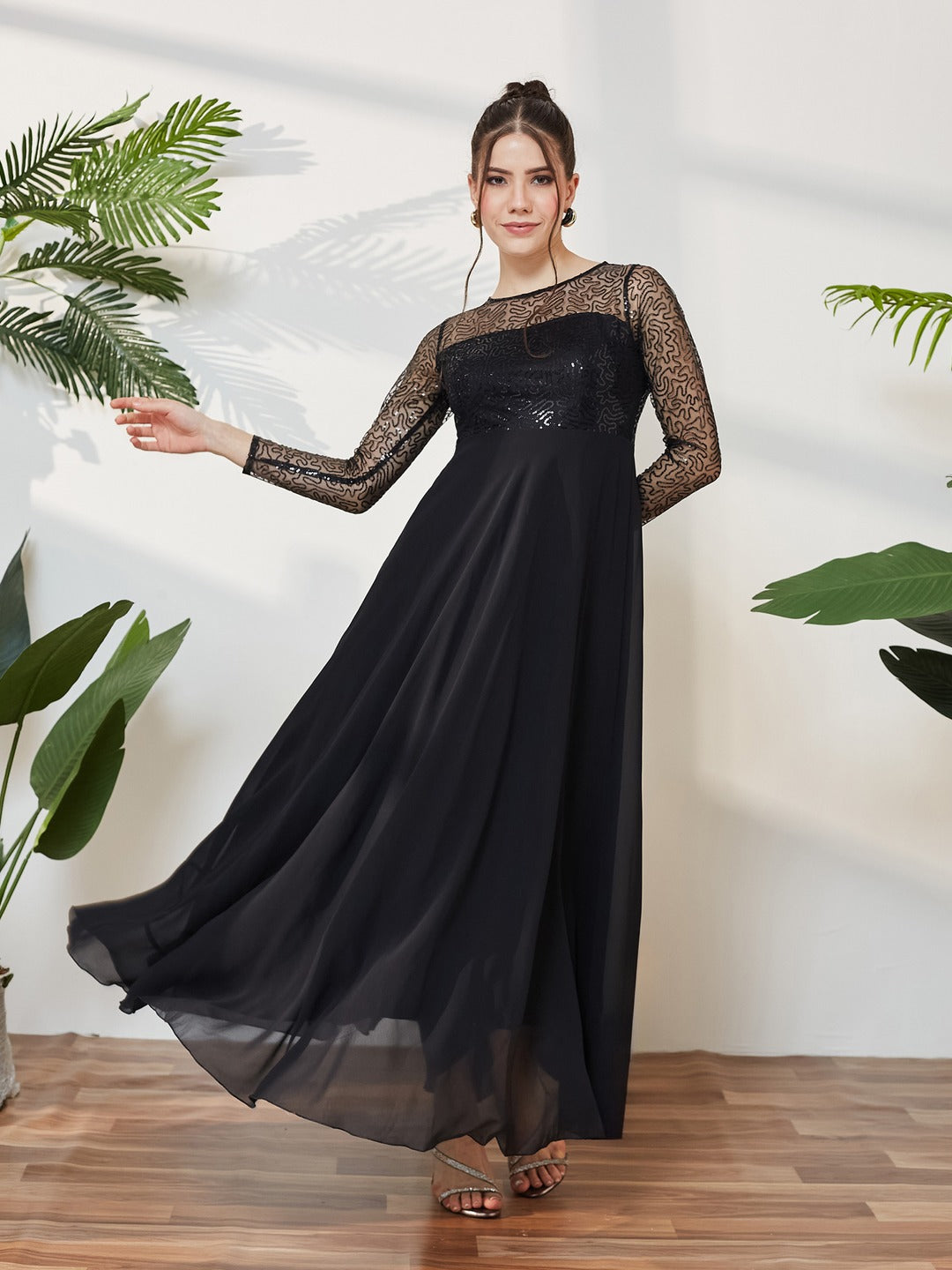 Black Solid Embellished Maxi Dress for Women