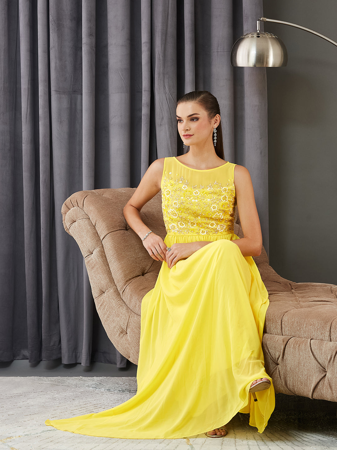Women's Light Yellow Boat Neck Sleeveless Embroidered Georgette Gathered Maxi Dress