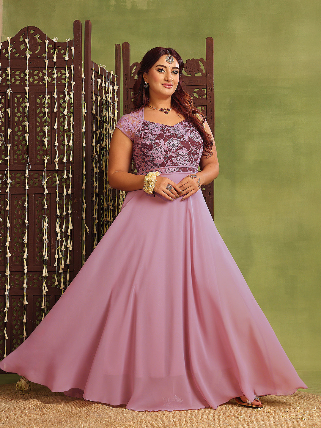 Women's Lavender & Wine V-Neck Cap-Sleeves Floral Lace Fit & Flare Maxi Dress