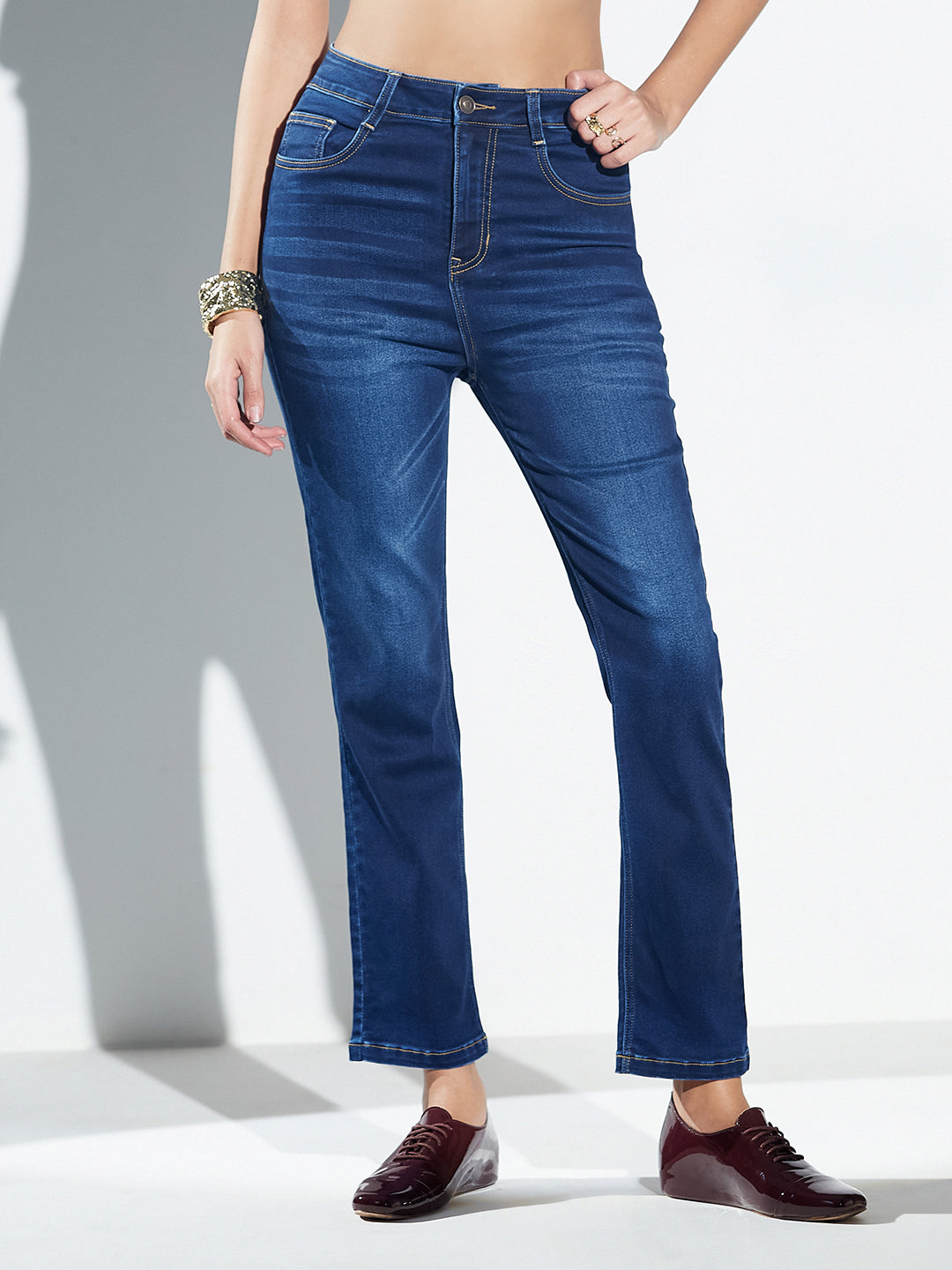 CHASEshape™ Mid-Rise Navy-Blue Semi-Straight-Fit Stretchable Jeans with Whiskering & Dark Wash Finish for Women