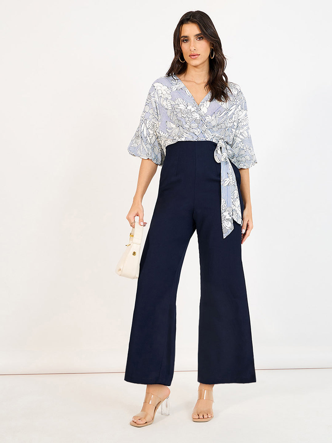Women's Multicolored-Base-Navy Blue V-Neck 3/4 Sleeve Floral Wrap-Styled Viscose-Rayon Jumpsuit