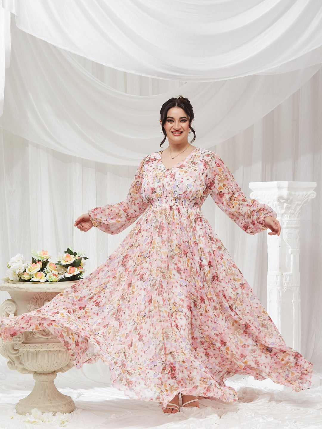 Pink V-Neck Smocked Bishop Sleeve Floral Gathered Chiffon Maxi Dress for Women
