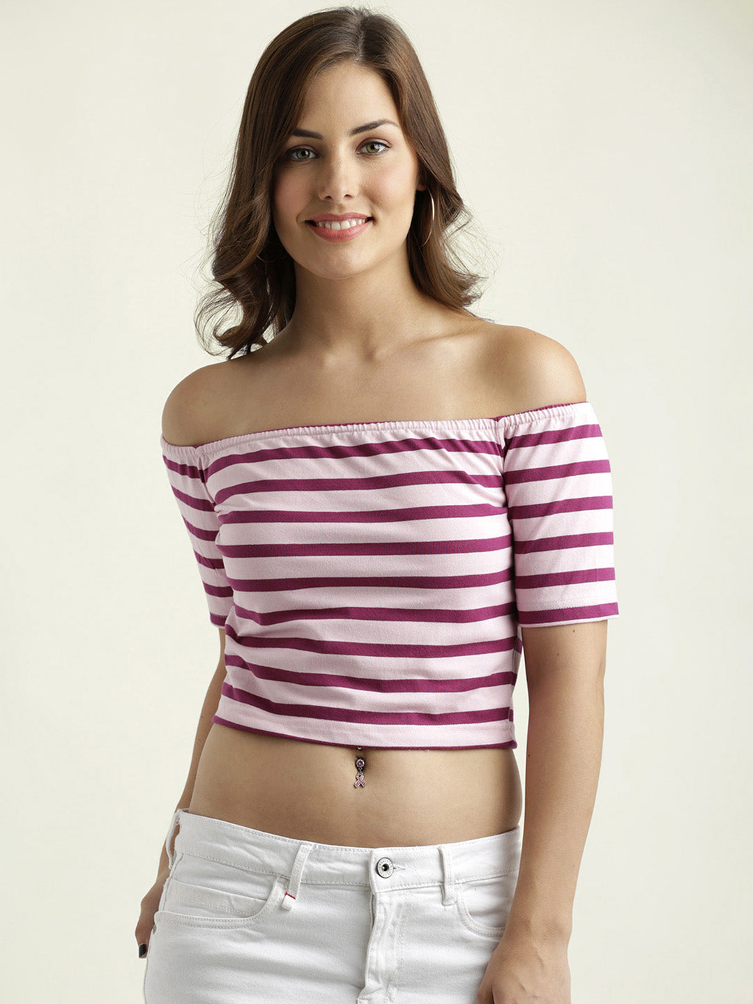 Women's Maroon And Pink Off-shoulder Short Sleeve Cotton Striped Bardot Crop Top