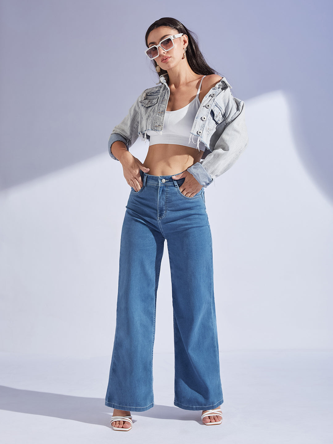 Women's Blue Wide-Leg High-Rise Regular-Length Stretchable Denim Jeans