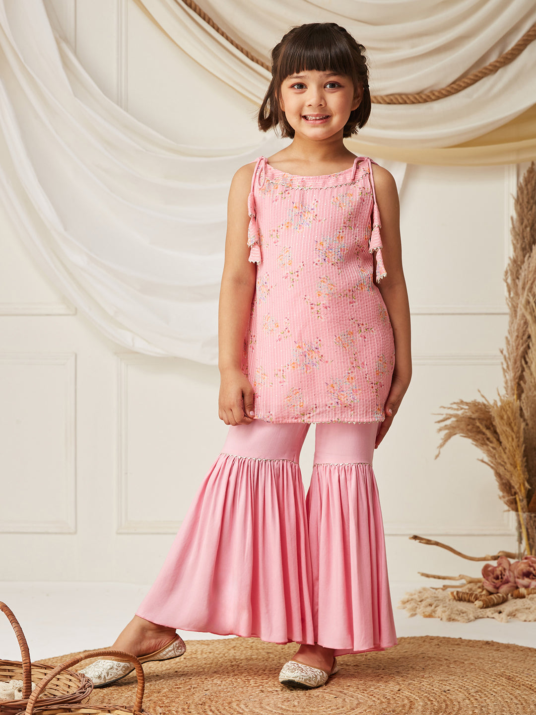 Multicolored-Base-Bubblegum Pink Round Sleeveless Embellished Kurta Set