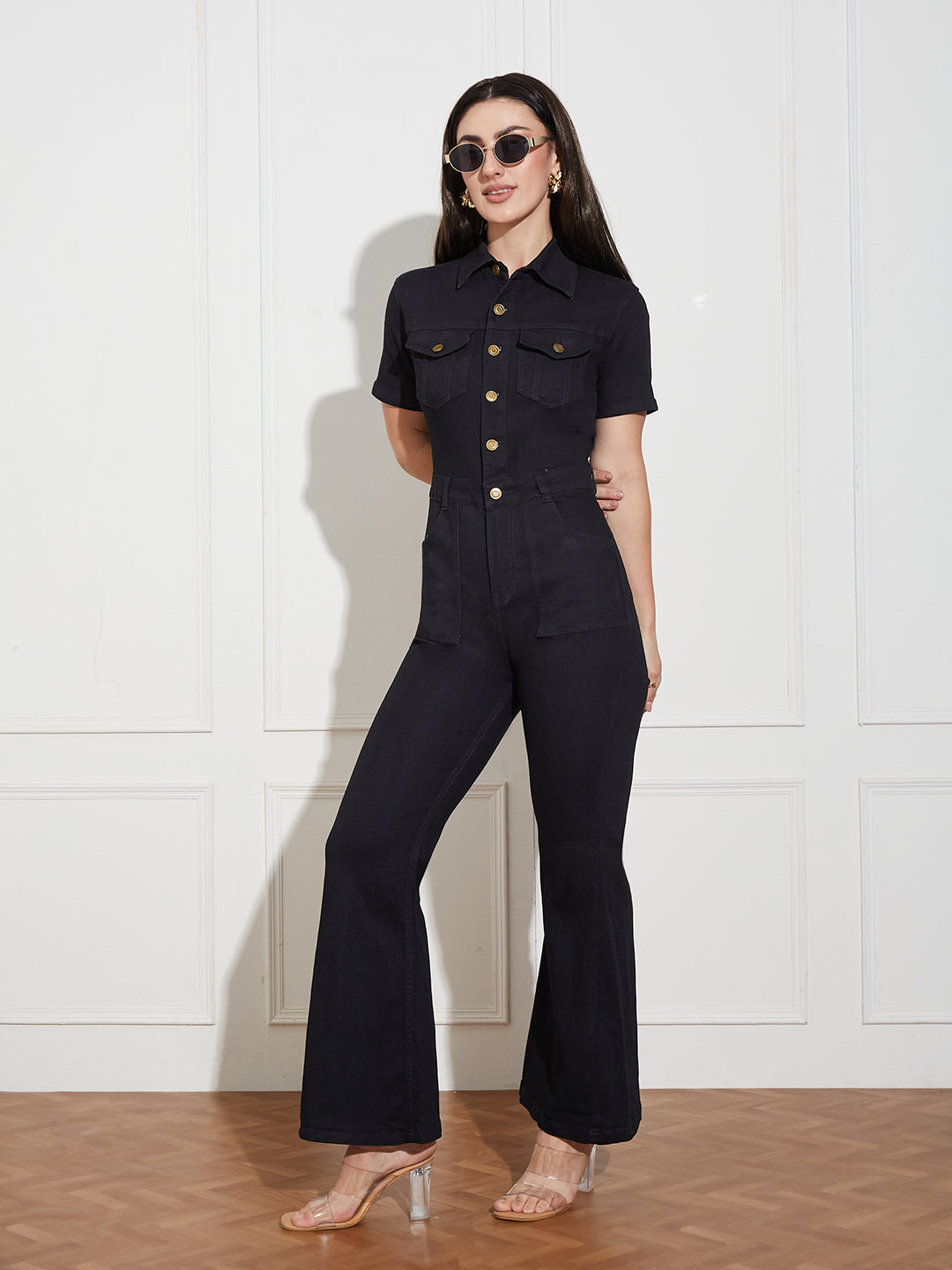 Women's Black Flared High Rise Regular Stretchable Denim Jumpsuit