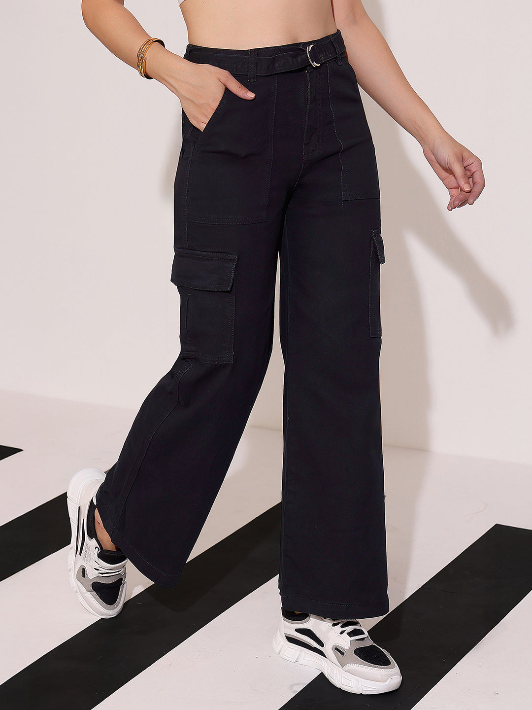 Women's Black Wide leg High rise Clean look Regular Stretchable Denim Jeans