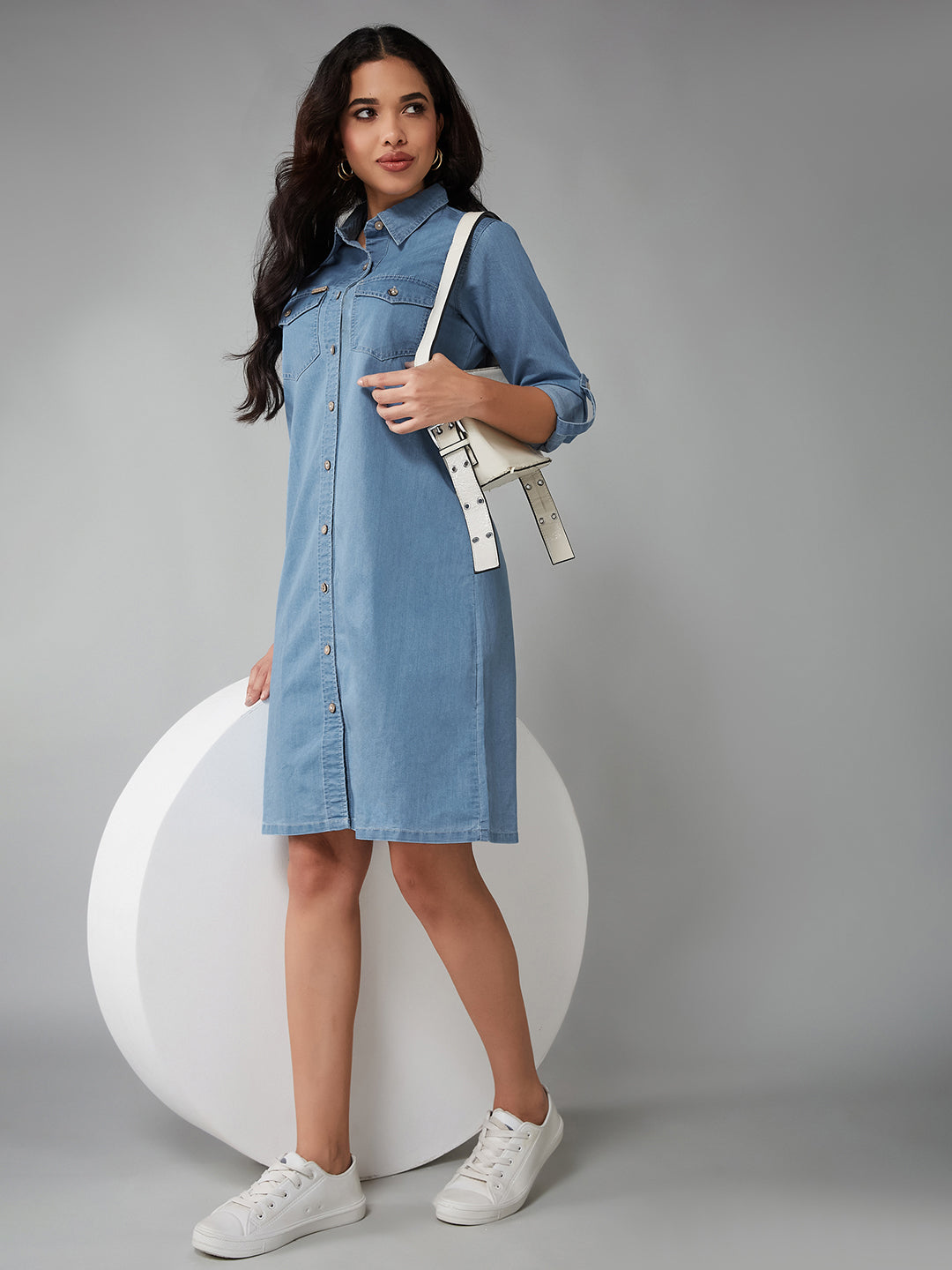 Women's Blue Relaxed Fit Clean Look Above Knee Denim Dress