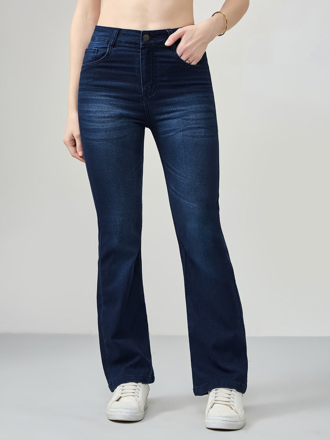 Navy blue Wide leg Mid rise Regular Stretchable Denim Jeans for Women