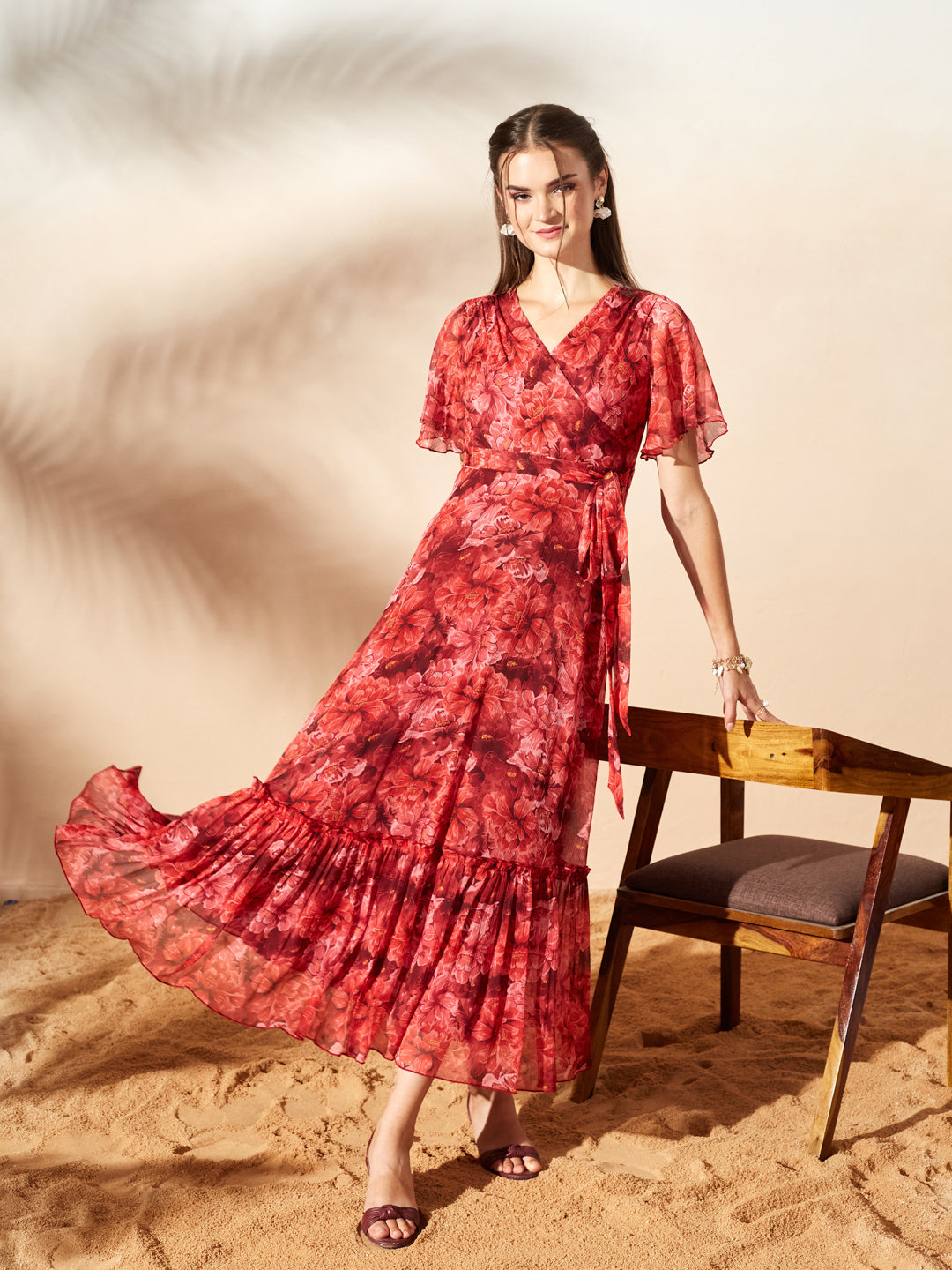 Red Floral Printed Flutter Sleeves Maxi Dress for Women