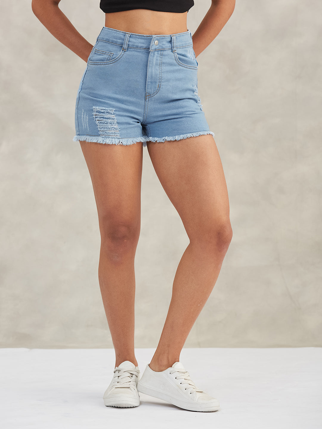 Women's Blue Relaxed Mid-Rise High-Distress Non-Stretchable Denim Shorts