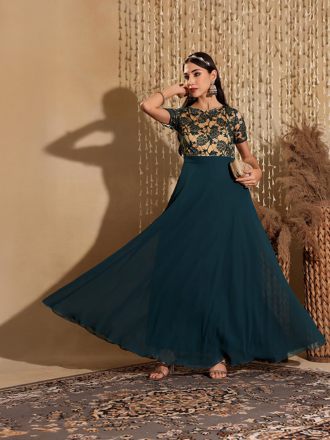 Women's Teal Round Neck Half Sleeve Self Design Fit & Flare Georgette Maxi Dress