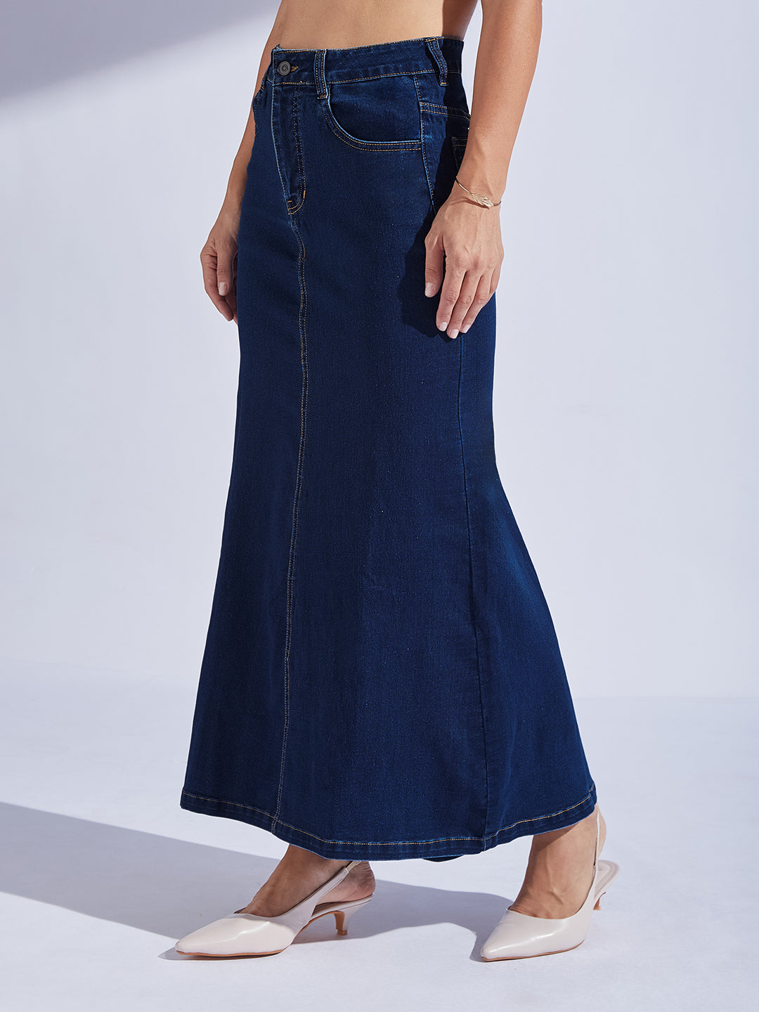 Women's Dark-Blue Flared High-Rise Stretchable Denim Maxi Skirt