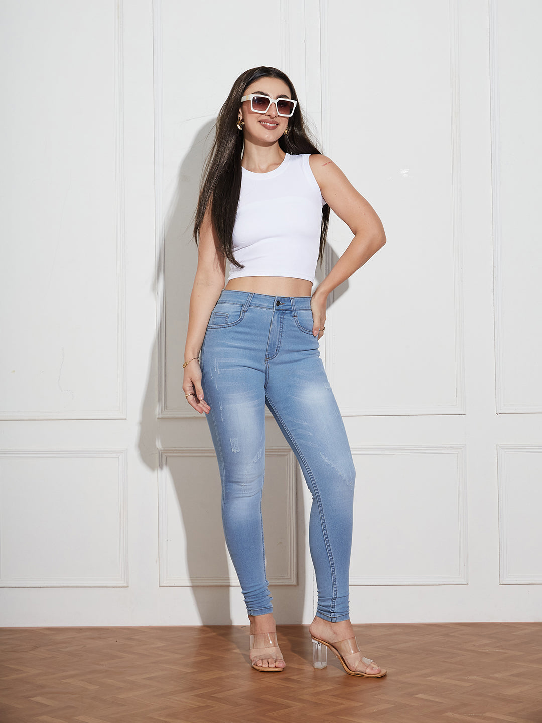 Women's Light Blue High-Rise Mildly-Distressed Regular-Length Stretchable Denim Skinny Jeans