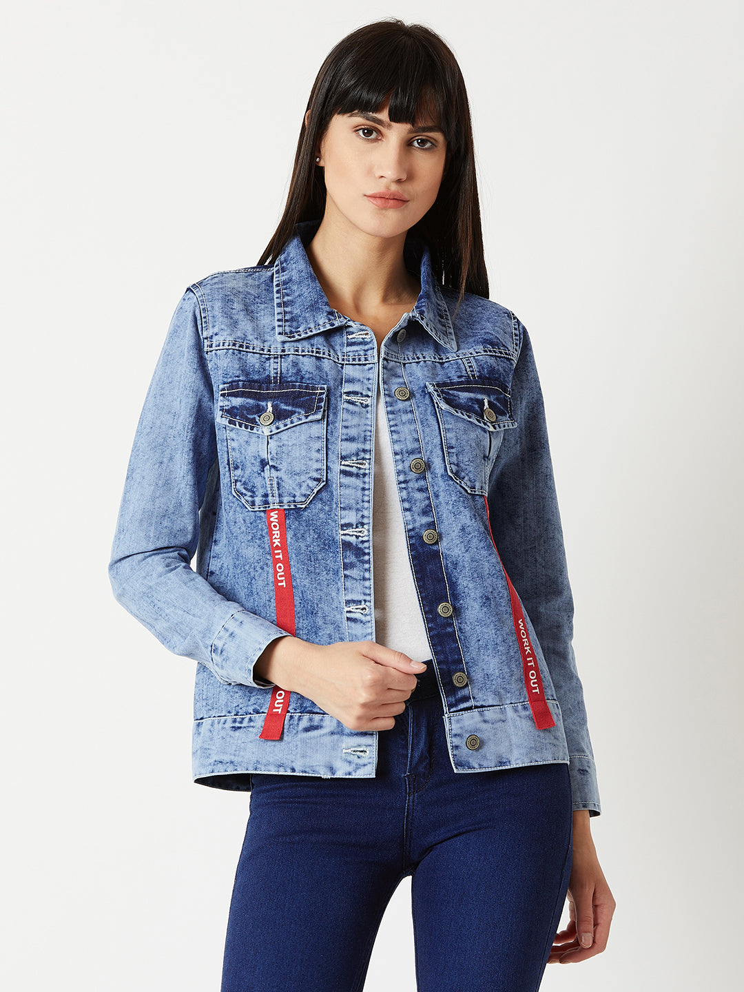 Women's Light Blue Collared Full Sleeve Buttoned Twill Tape Detailing Solid Denim Jacket